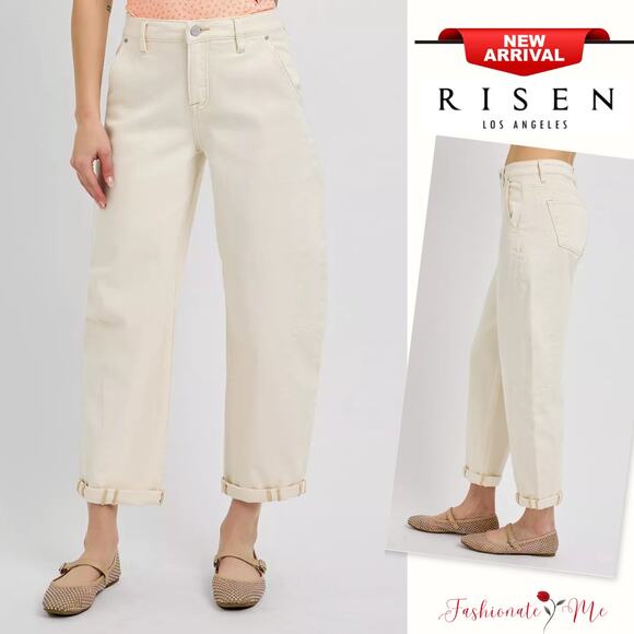 RISEN High Rise Waist Relaxed Cuffed Hem Zip Fly Crop Barrel Leg Jeans | Ivory - Picture 1 of 6